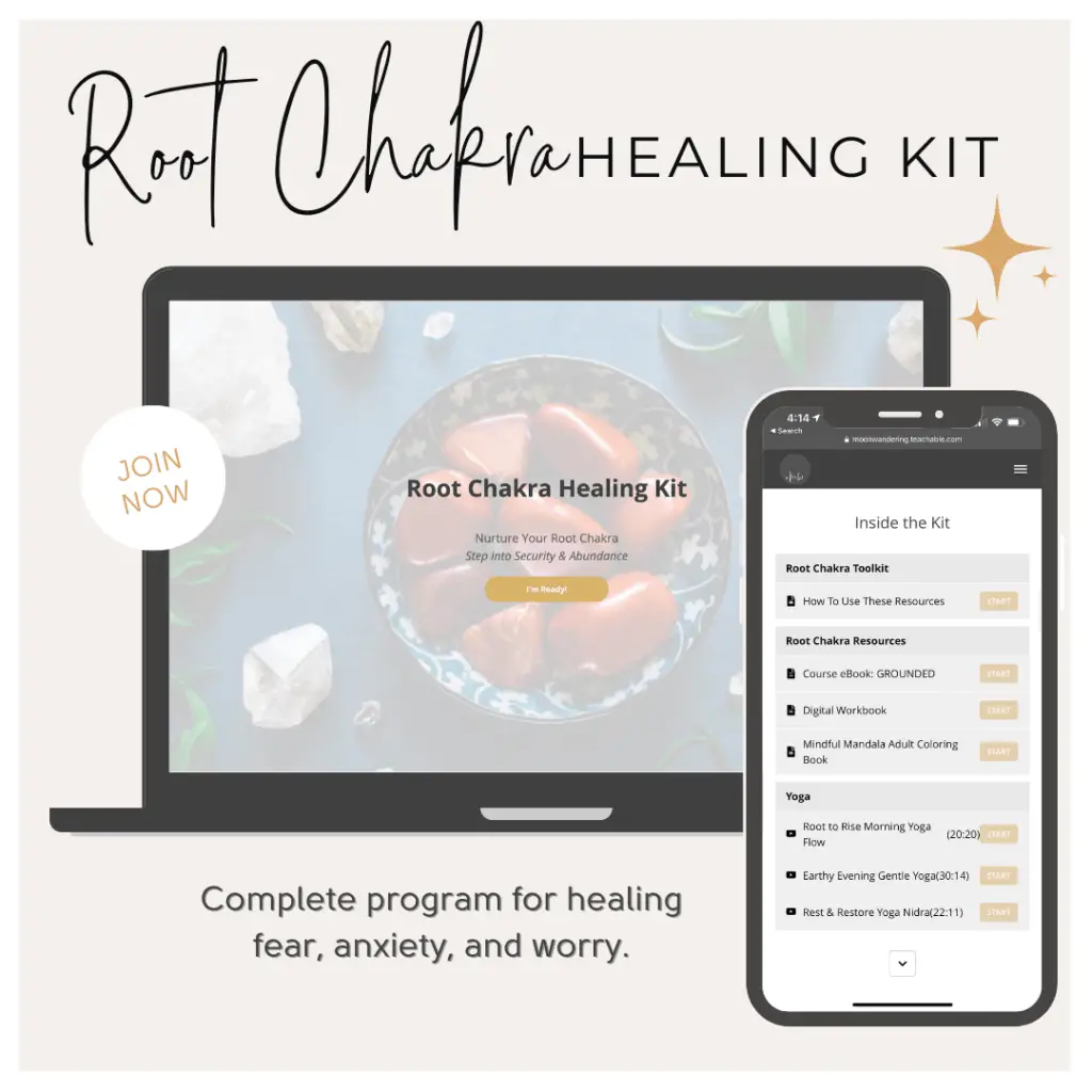 in black text "root chakra healing kit", gray outline of laptop icon with course image in middle, cell phone icon with module preview, in black text "complete program for healing fear, anxiety, and worry" in gold "join now"