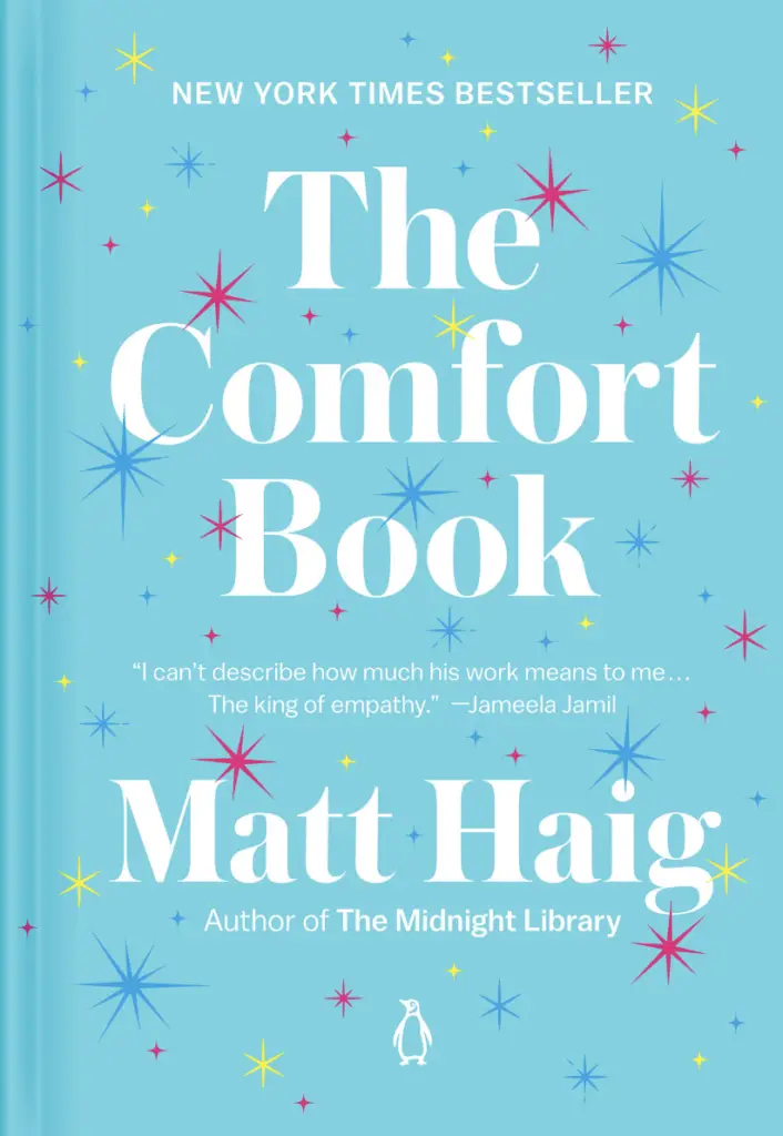 5 Books to Nurture Your Soul; The Comfort Book by Matthew Haig; light blue background with white text and red, yellow, and blue cartoon stars all around. 